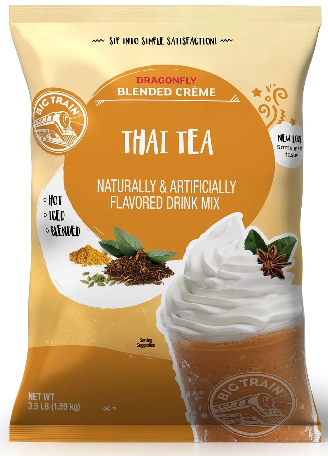 Big Train Dragonfly Thai Tea Blended Creme Frappe Mix, 3.5 lb Bag (Case of 5) - Caffeine-Free Blended Creme