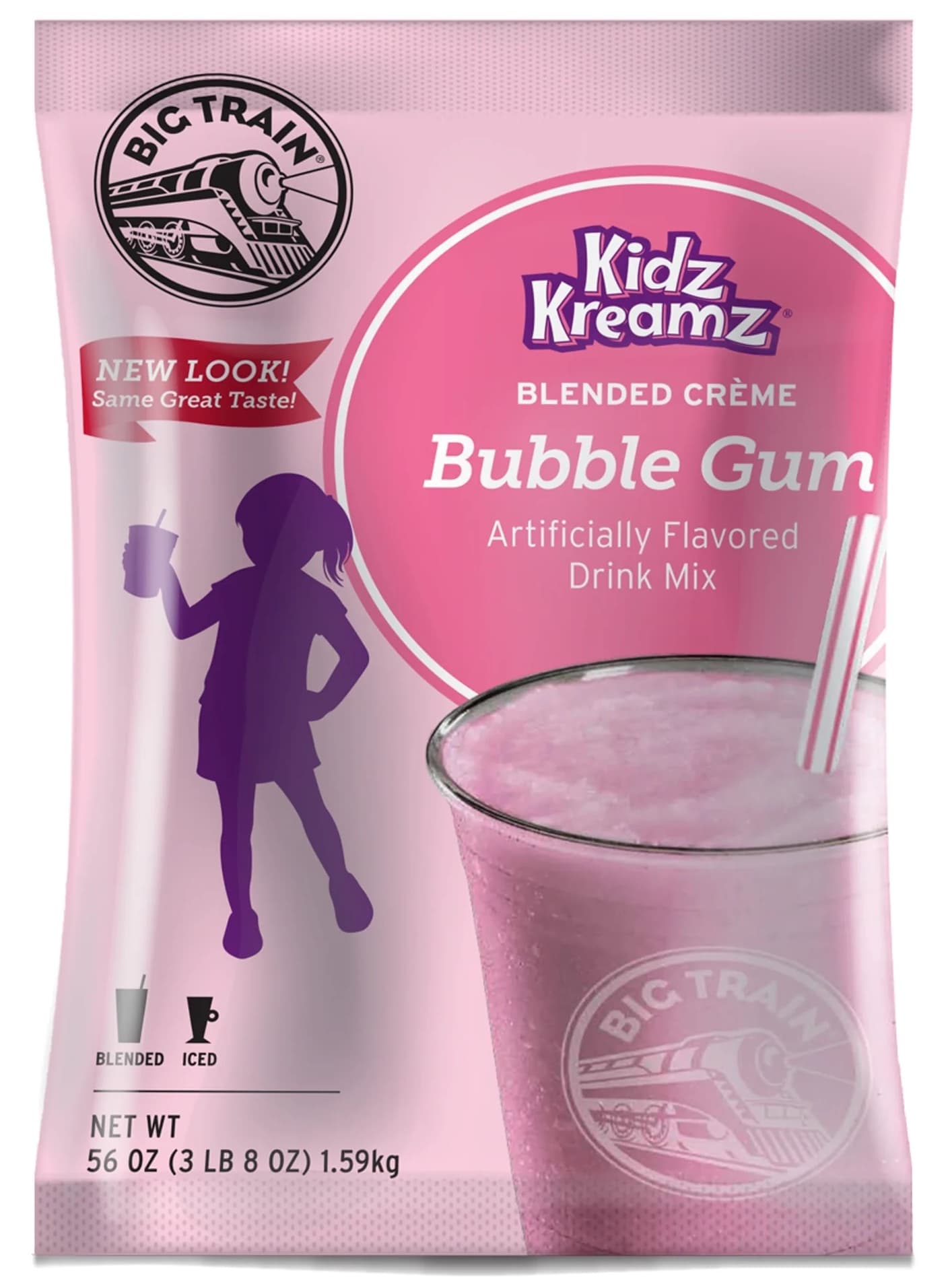 Big Train Kidz Kreamz Bubble Gum Five 3.5 lb. Bags Blended Creme Frappe Mix, 3.5 lb Bag (Case of 5) - Caffeine-Free Kids Menu Line