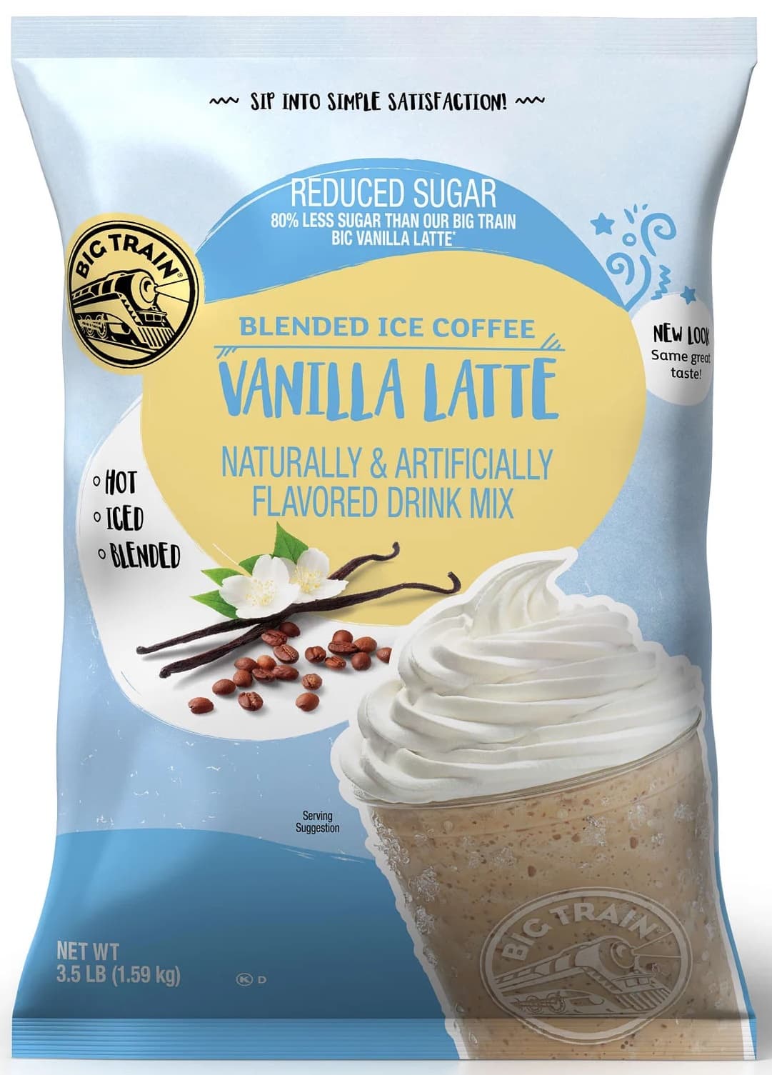 Big Train Reduced Sugar Vanilla Latte Blended Ice Coffee Mix, 3.5 lb Bag (Case of 5) - Frappe Base, Just Add Ice