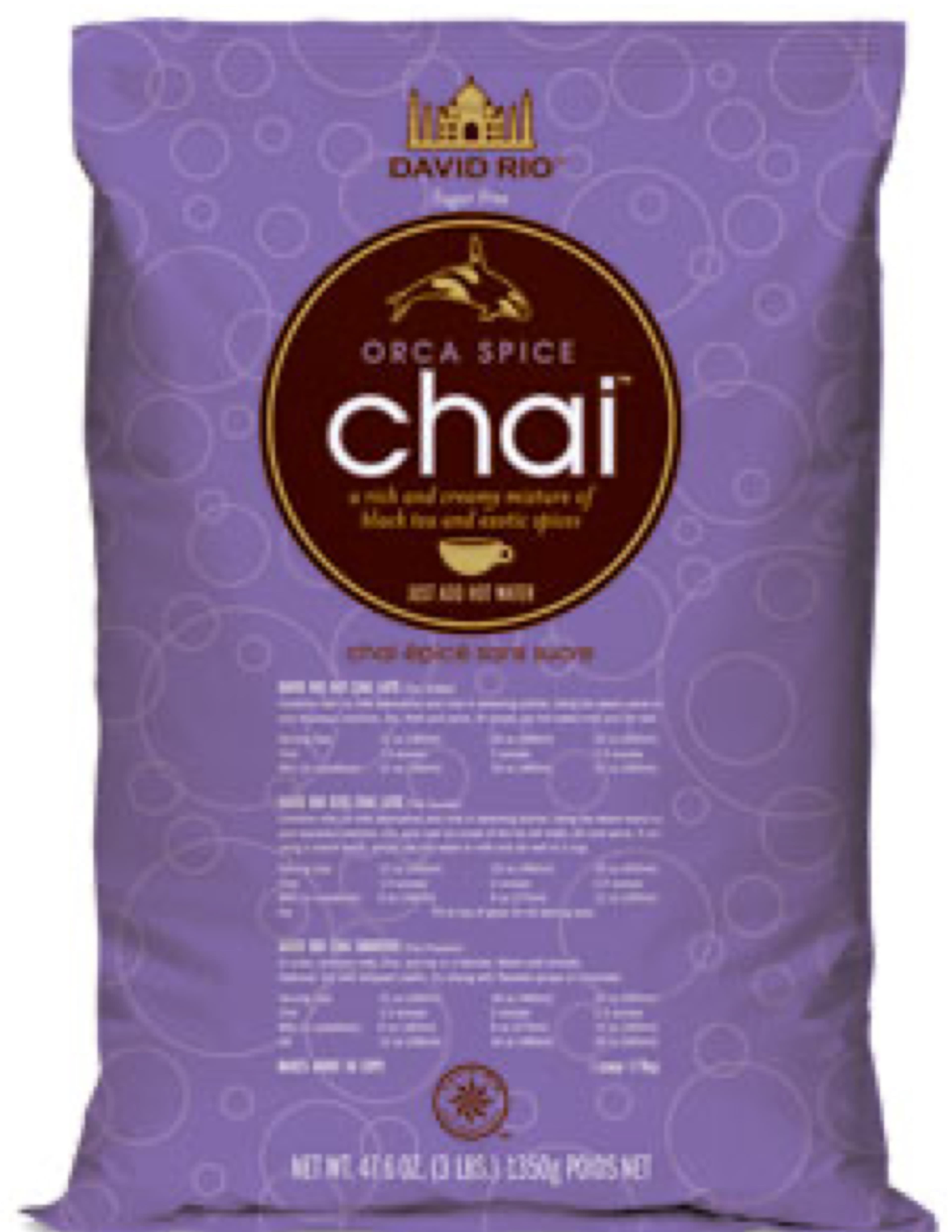 David Rio Orca Spice Sugar-Free Chai Mix, 3 lb Bag (Case of 4) - Sugar-Free Chai