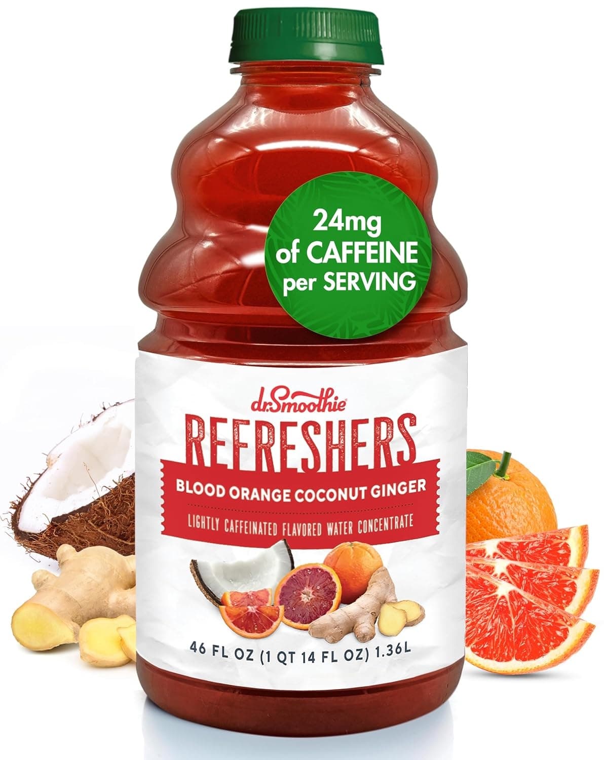 Dr. Smoothie Refresher Concentrate, Blood Orange Coconut Ginger, 46 oz Bottle (Case of 6) - Pour-Over-Ice, ~15+ Drinks per Bottle