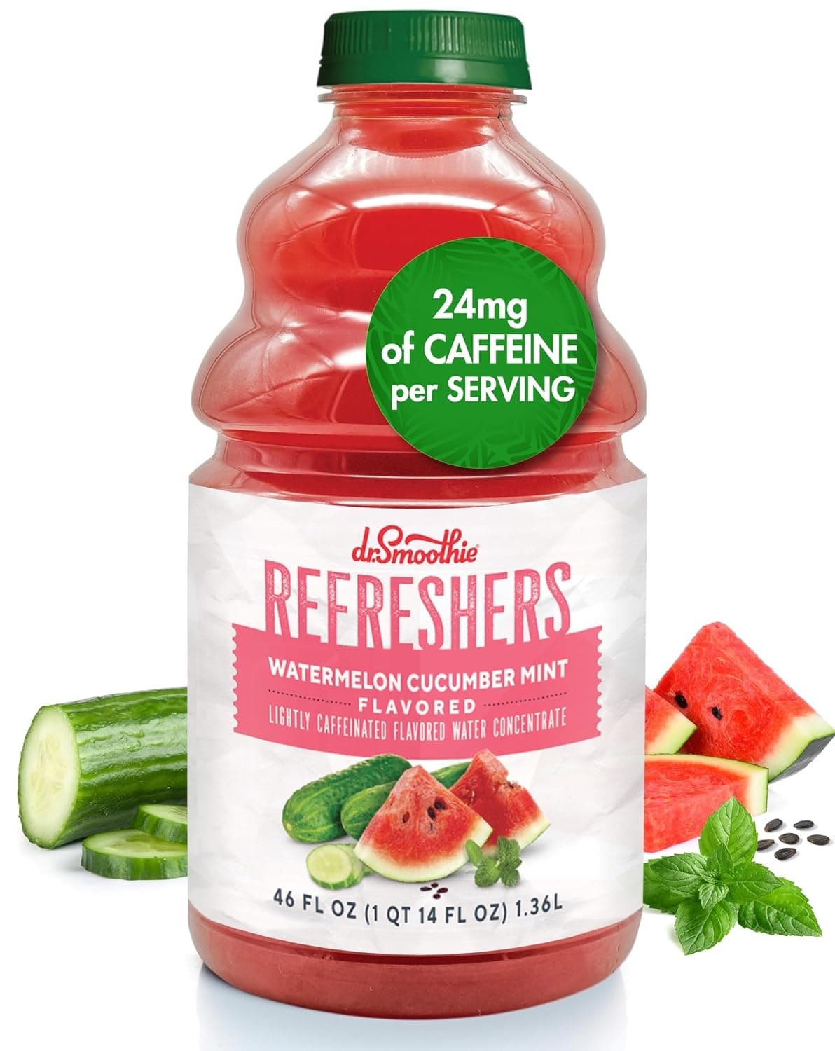 Dr. Smoothie Refresher Concentrate, Watermelon Cucumber Mint, 46 oz Bottle (Case of 6) - Pour-Over-Ice, ~15+ Drinks per Bottle