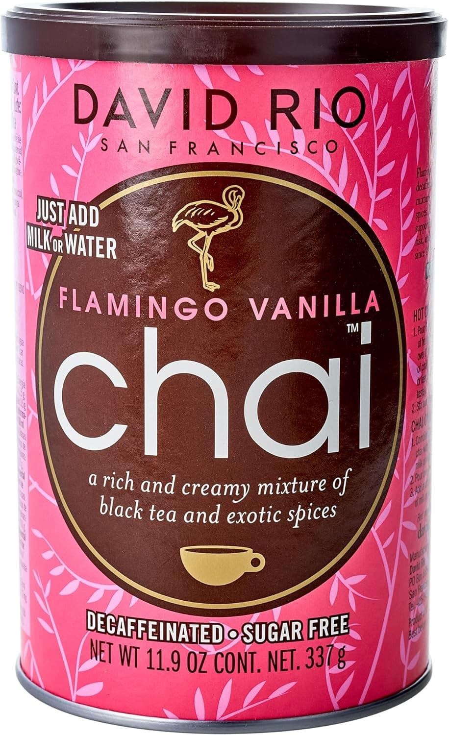 David Rio Flamingo Vanilla Decaffeinated Reduced Calorie Chai Tea Latte Mix, Mix, 11.9 oz Canister (Case of 6) - Decaf - Full Chai Flavor, No Caffeine