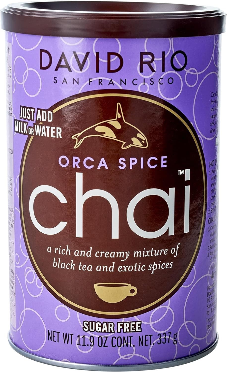 David Rio Orca Spice Chai Tea Latte, Sugar Free, Reduced Calorie, Dairy Free, Mix, 11.9 oz Canister (Case of 6) - Sugar-Free Chai