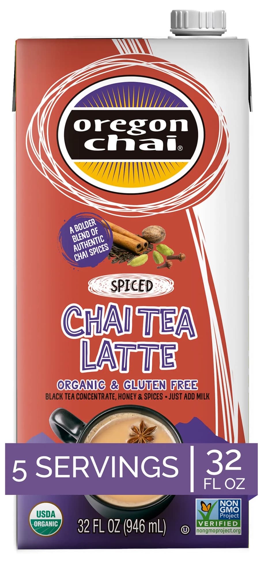Organic Spiced Chai Tea Latte Concentrate Six 32 Oz. Cartons