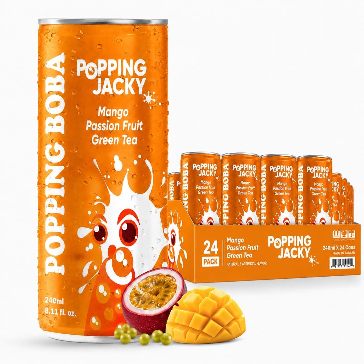 POSSMEI Popping Jacky Mango Passion Fruit Green Tea with Popping Boba, 240 mL Cans (Case of 24) - Ready-to-Drink