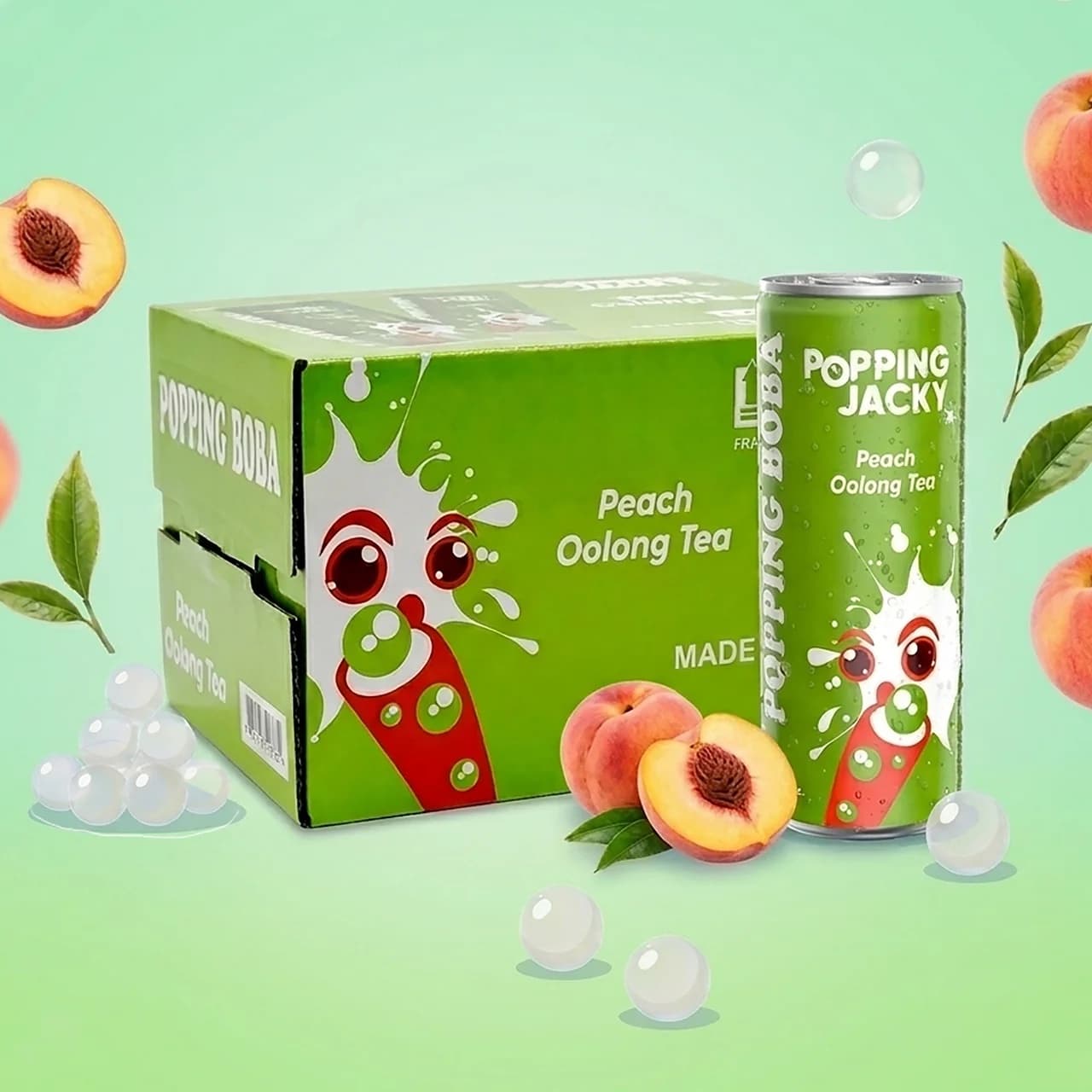 POSSMEI Popping Jacky Peach Oolong Tea with Popping Boba, 240 mL Cans (Case of 24) - Ready-to-Drink
