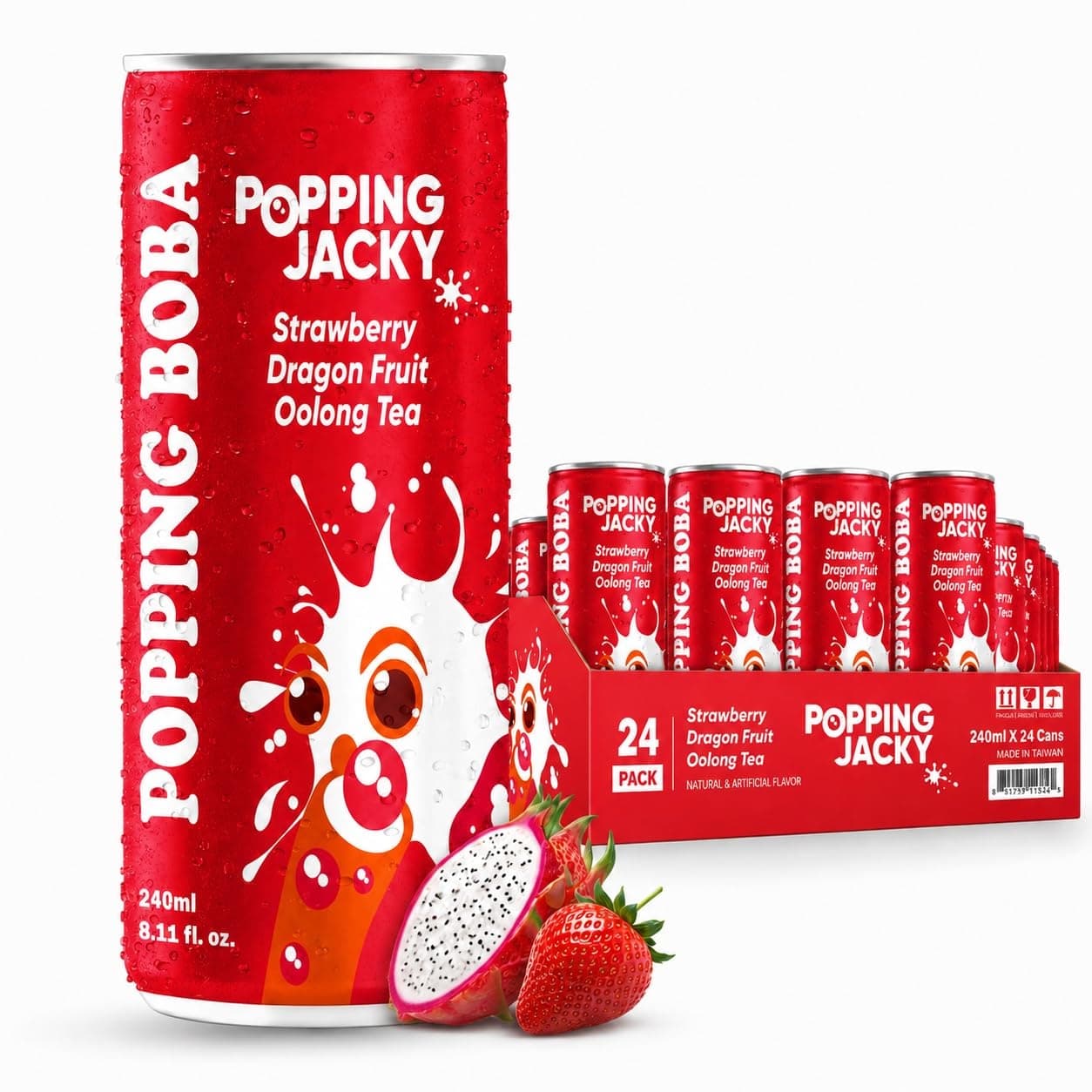 POSSMEI Popping Jacky Strawberry Dragon Fruit Oolong Tea with Popping Boba, 240 mL Cans (Case of 24) - Ready-to-Drink