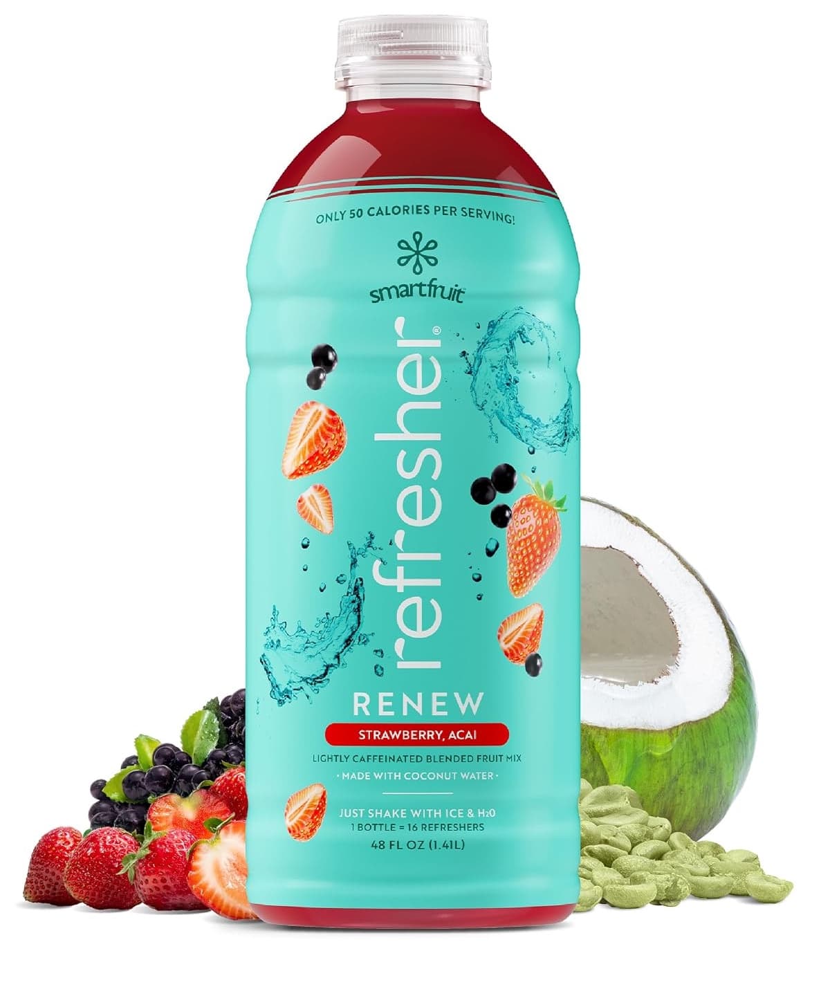 Smartfruit Refresher Concentrate, Renew (Strawberry, Acai), 48 oz Bottle (Case of 6) - Pour-Over-Ice, ~15+ Drinks per Bottle
