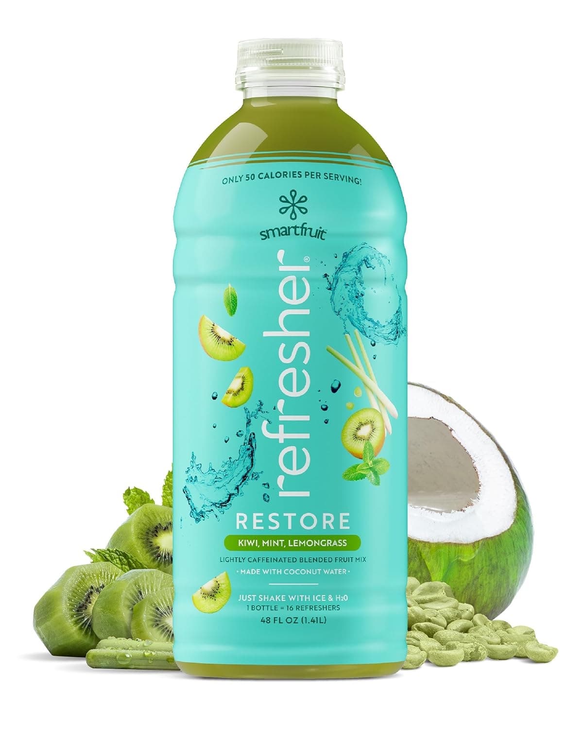 Smartfruit Refresher Concentrate, Restore (Kiwi, Mint, Lemongrass), 48 oz Bottle (Case of 6) - Pour-Over-Ice, ~15+ Drinks per Bottle