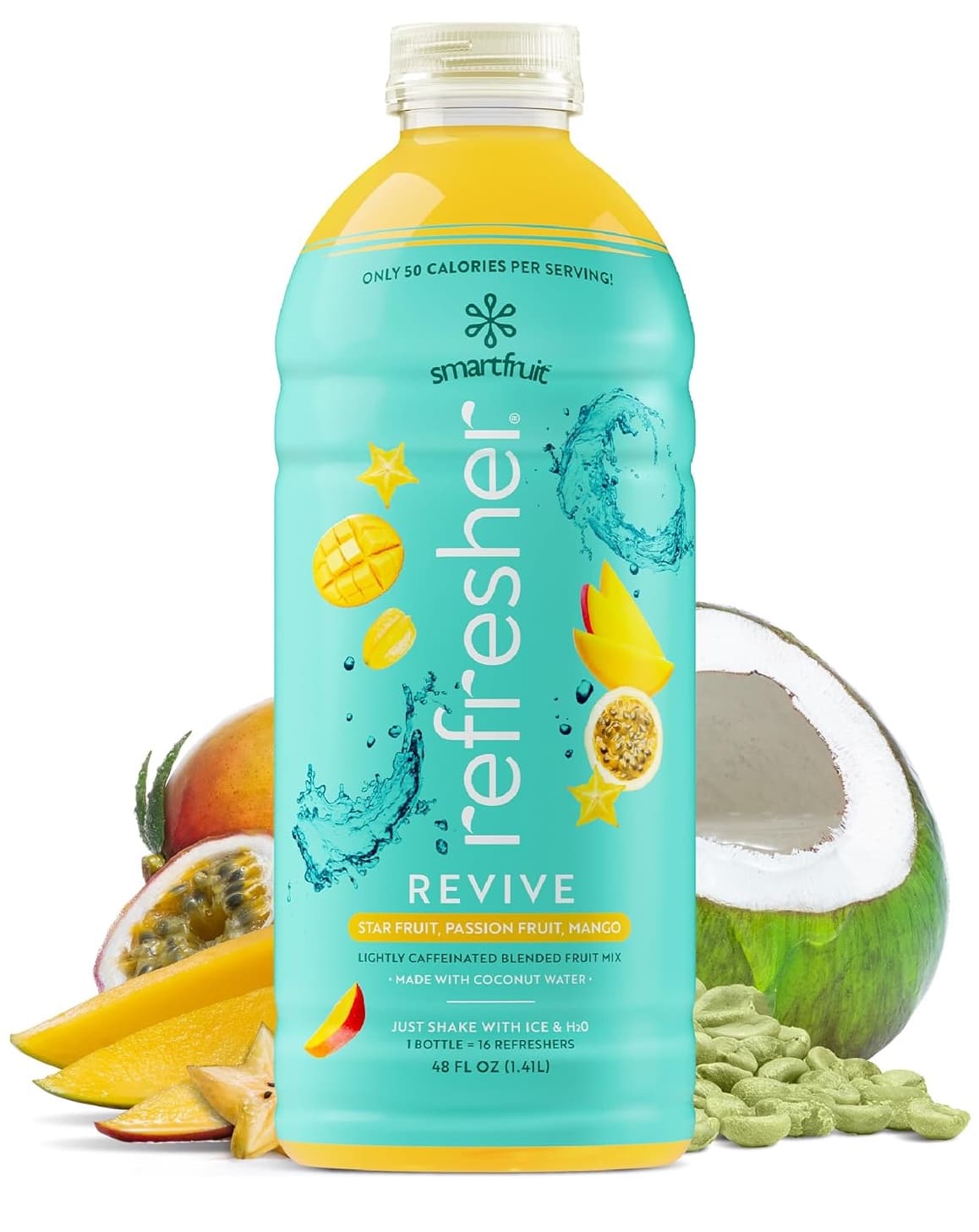Smartfruit Refresher Concentrate, Revive (Starfruit, Passion Fruit, Mango), 48 oz Bottle (Case of 6) - Pour-Over-Ice, ~15+ Drinks per Bottle