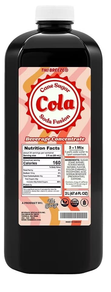 Tiki Breeze Cola Soda Fusion Concentrate, 2L Bottle (Case of 6) - Dirty Soda Base, ~1:5