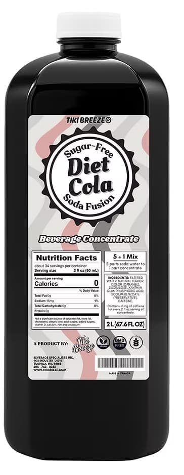 Tiki Breeze Diet Cola Soda Fusion Concentrate, 2L Bottle (Case of 6) - Dirty Soda Base, ~1:5