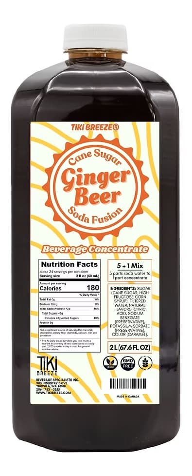 Tiki Breeze Ginger Beer Soda Fusion Concentrate, 2L Bottle (Case of 6) - Dirty Soda Base, ~1:5