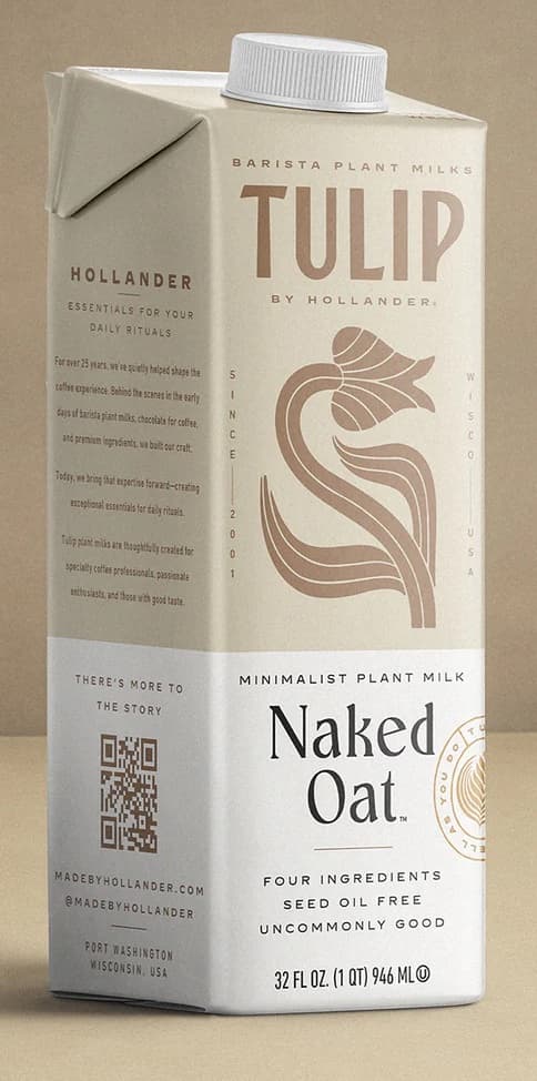 Tulip by Hollander Naked OatMilk, 32 oz Carton (Case of 12) - Barista Formulation, Shelf-Stable