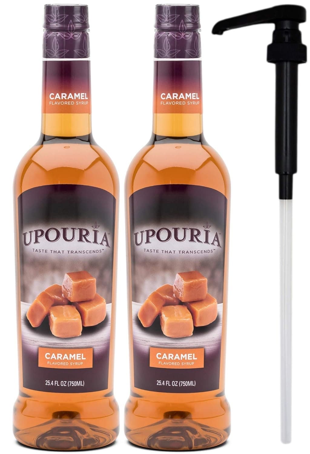 Upouria Caramel Coffee Syrup, 750 mL PET (2-Pack, Pumps Included) - ~25 Drinks per Bottle