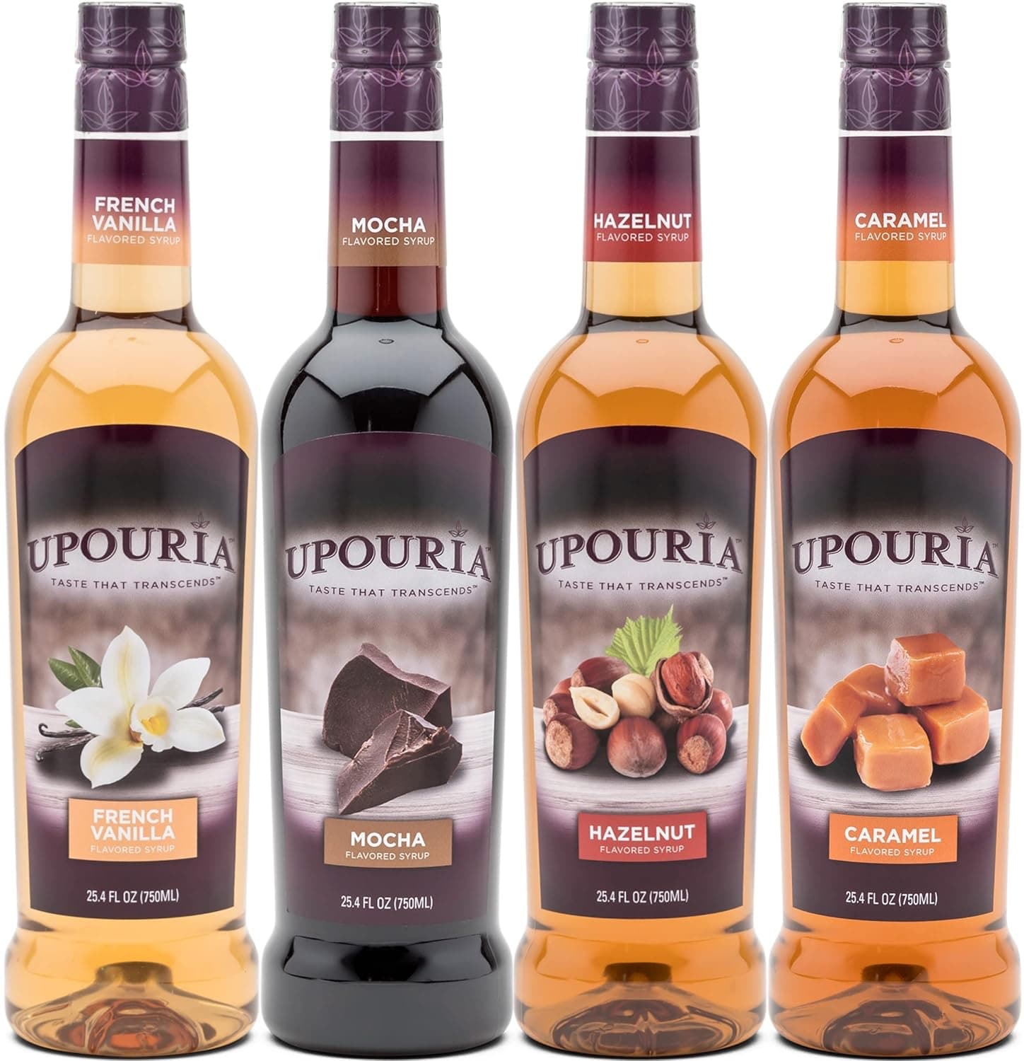 Upouria Coffee Syrup Variety Pack, 750 mL x 4 (Vanilla, Mocha, Hazelnut, Caramel) - Pumps Included