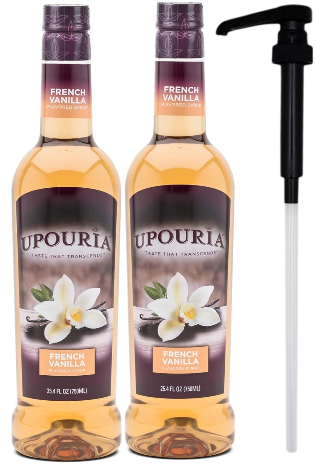 Upouria French Vanilla Flavored Syrup, 750 mL PET Bottles (Pack of 2) with Syrup Pump