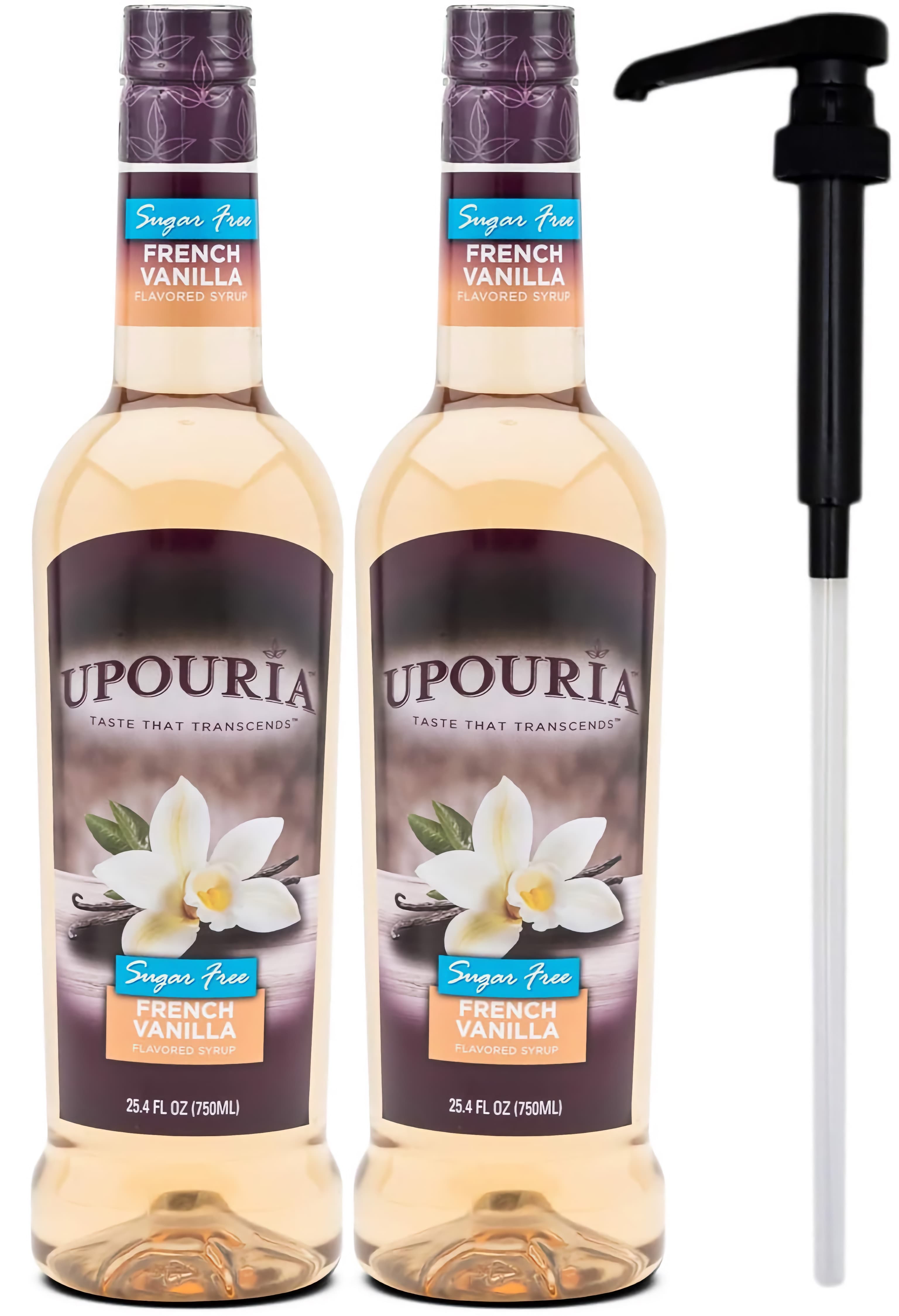 Upouria French Vanilla Sugar Free Sugar Free Coffee Syrup, 750 mL PET (2-Pack, Pumps Included) - ~25 Drinks per Bottle