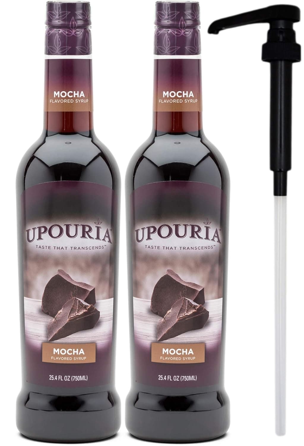 Upouria Mocha Coffee Syrup, 750 mL PET (2-Pack, Pumps Included) - ~25 Drinks per Bottle