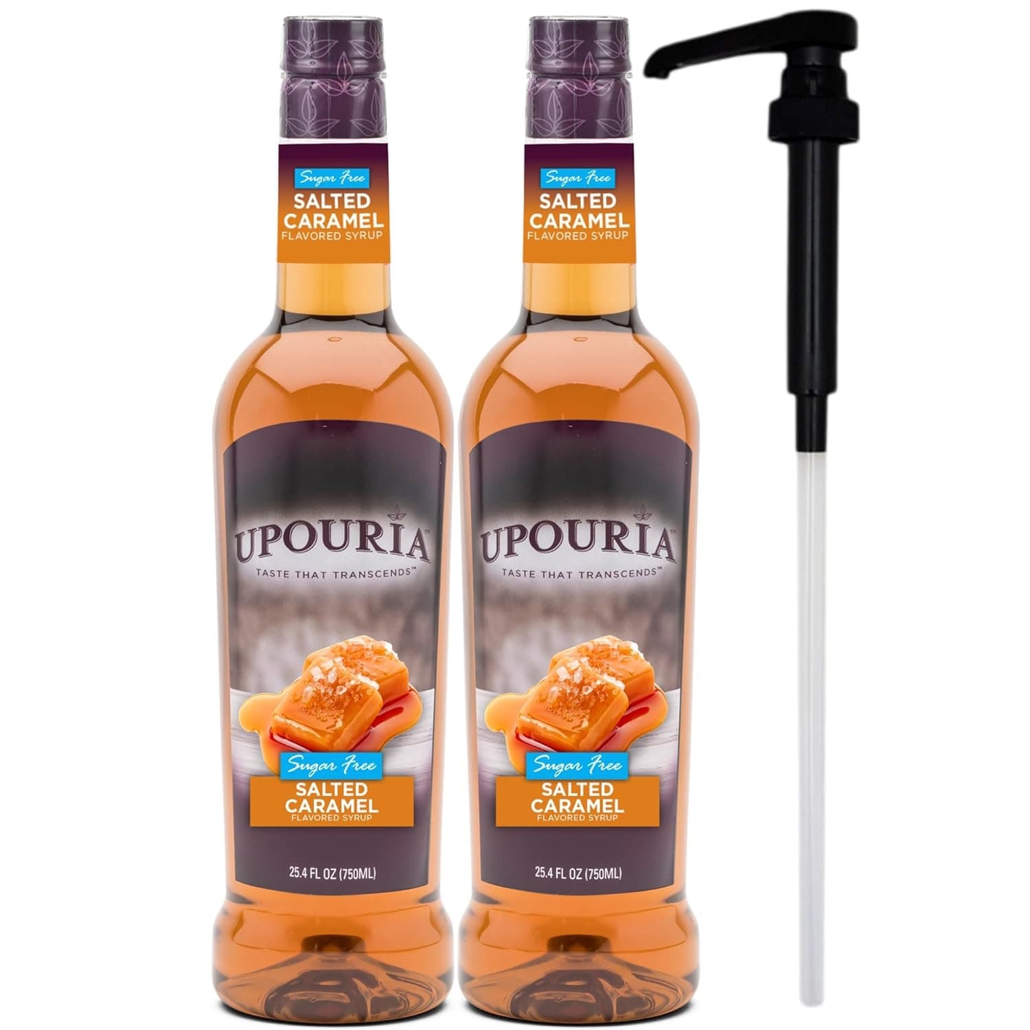 Upouria Sugar Free Salted Caramel Sugar Free Coffee Syrup, 750 mL PET (2-Pack, Pumps Included) - ~25 Drinks per Bottle
